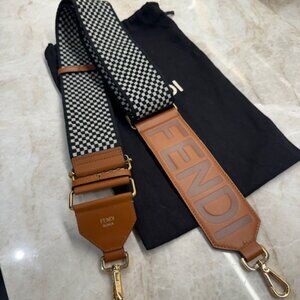 Authentic Fendi Strap You Black & Light Gray Check and Calfskin Bag Strap